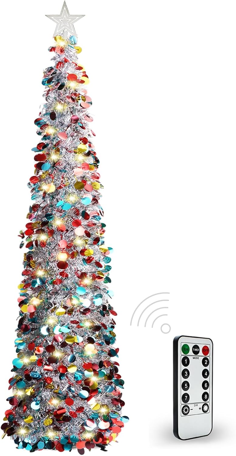 Trees - HISFFOG 5FT Pop Up Christmas Tinsel Tree with 8 Rmote Lights Modes - Collapsible Colorful Sequin Artificial Christmas Pencil Trees Decorations for Home Apartment Party Fireplace Indoor Outdoor