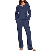 Ekouaer Waffle Knit Pajamas for Women Set Long Sleeve Pants Pj Henley Tops Lounge Sets Comfy Sleepwear with Pockets
