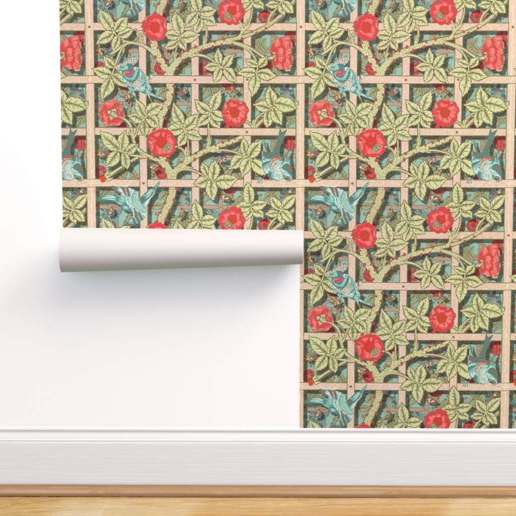 Spoonflower Peel and Stick Removable Wallpaper, Collection Birds Trellis Vines Floral Garden Kitchen Print, Self-Adhesive Wallpaper 24in x 144in Roll