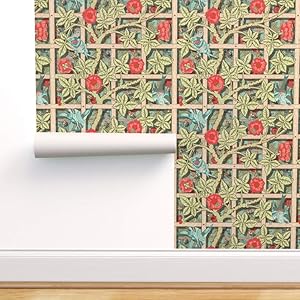 Spoonflower Peel and Stick Removable Wallpaper, Collection Birds Trellis Vines Floral Garden Kitchen Print, Self-Adhesive Wallpaper 24in x 144in Roll