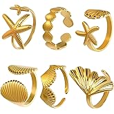 Jansun 6 PCS Gold Seashell Rings for Women 18k Gold Plated Seashell Ginkgo Starfish Surf Stackable Dainty Rings, Beachy Summer Jewelry Gift
