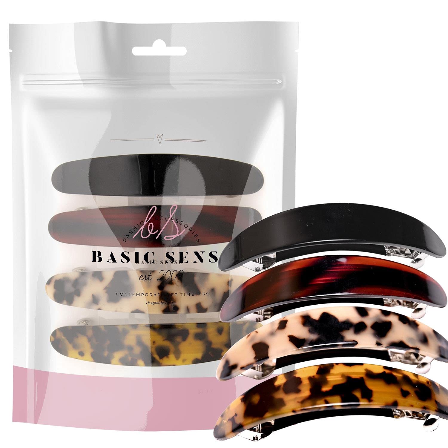 Basic Sense Large French Barrette Hair Clips for Thick Hair Non Slip Rubber Grip - Oval - 4pcs Variety Set