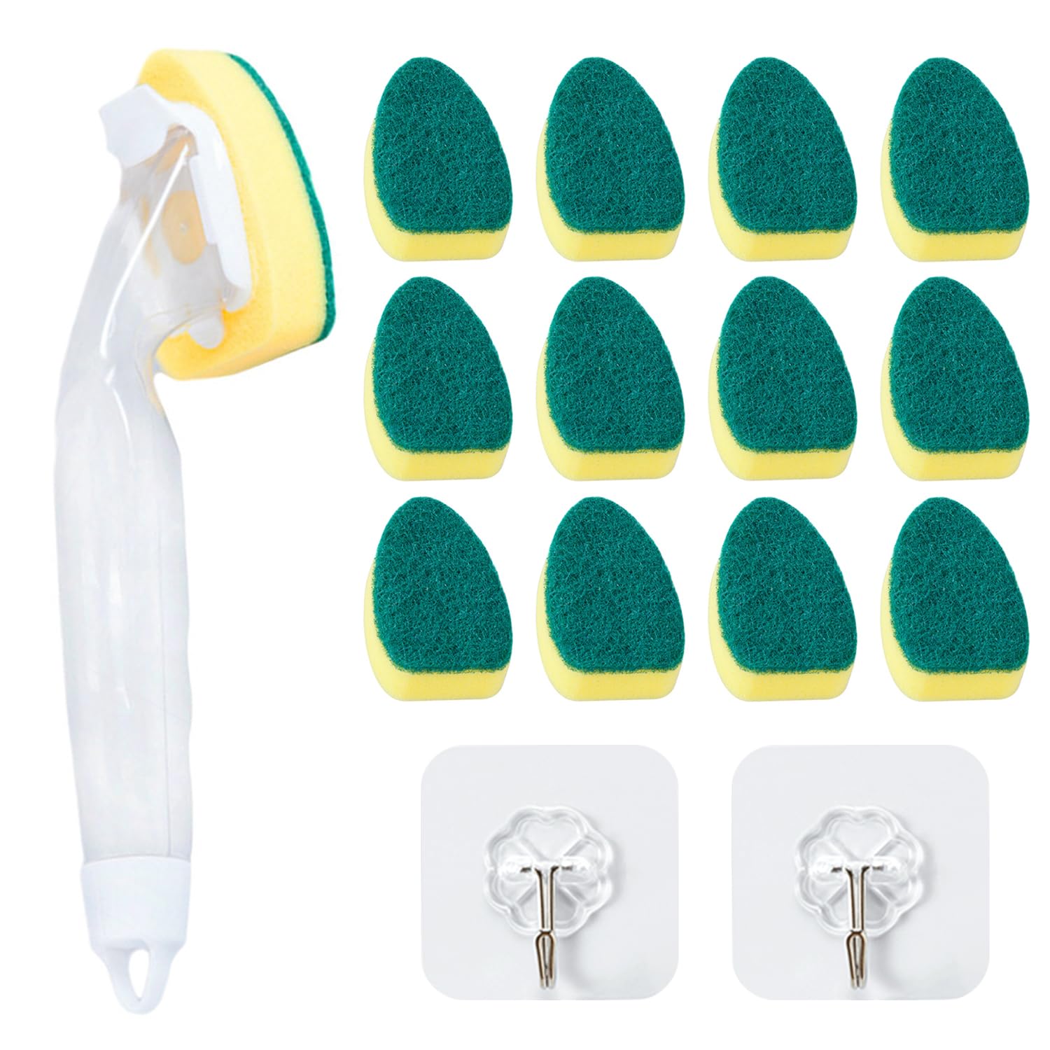 1 Piece Long-Handled Pot Brush with 12 Sponge Heads, 2 Pieces Transparent Hooks, Kitchen Cleaning Sponge Brush, Dishwashing Brush with Detergent Dispenser, Sponge Cleaning Tool
