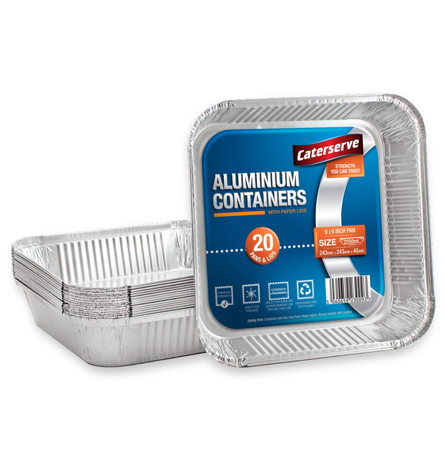 Aluminium Foil Trays with Lids - Large Tin Foil Containers for Roasting, Baking, Broiling, Cooking, Food Storage and Freezing - 9 x 9 inch Square (20 Trays and Lids)