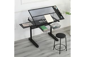 Gynsseh Height Adjustable Drafting Table, Glass Art Table with Stool and Storage, 0-75° Tiltable Tabletop Multifunctional Art Craft Desk Drawing Table for Adults Artists Student,Black