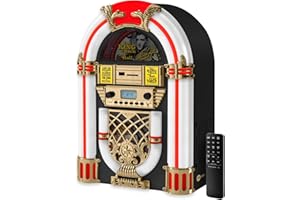 Arkrocket x Elvis Presley Mini Jukebox/Tabletop CD Player/Bluetooth Speaker/Radio/USB and SD Card Player with Retro LED Lighting System (Limitied Edition), Black Gloden