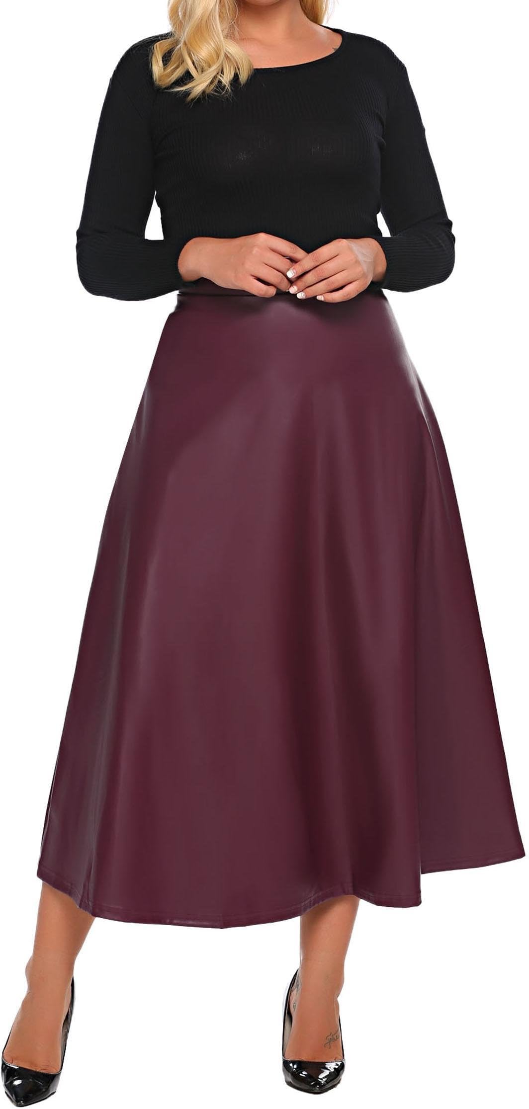 Womens Plus Size High Waist Flared A Line Swing Maxi Leather Skirt for Party Casual