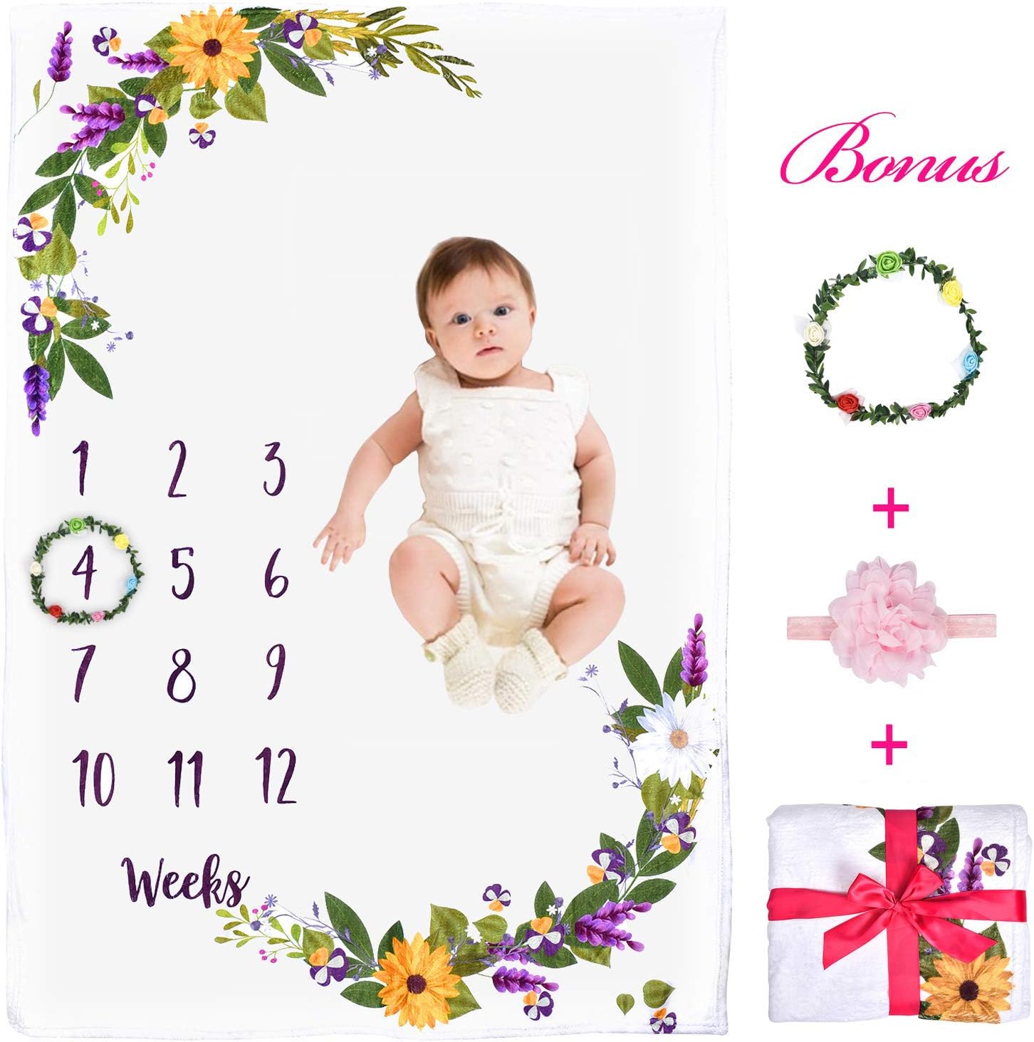 Baby Monthly Milestone Blanket, 55"x39" Thick Fleece Floral Photography Background Blankets Photo Props for Newborn 1 to 12 Weeks, New Mom Set
