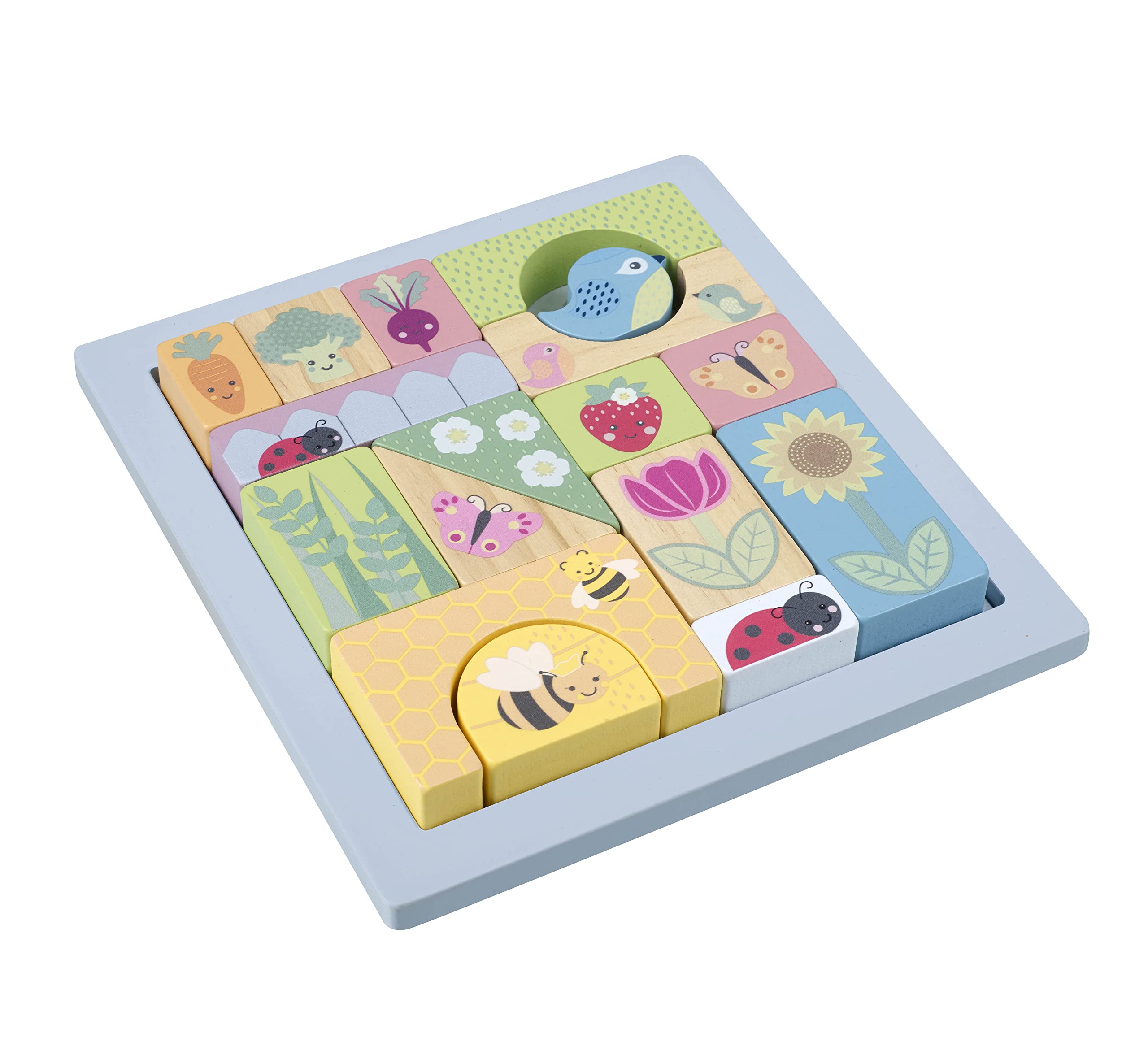 Wooden Puzzles - Spring Garden Wooden Puzzle Tray - Different Shapes, Blocks for 1 year old Toddler, Wooden Toys - Early Development & Activity Toys, Montessori Toddler Toys by Orange Tree Toys