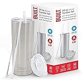 BUILT Double Walled Stainless Steel Tumbler Set with Replacement Lid, 2 Reusable Tritan Wire Straw Cleaning Brush in Gift Box, 20-ounces