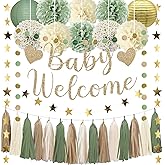 Baby Shower Decorations Neutral Sage Green Balloons Welcome Baby Banner, Paper Lanterns, Pom Poms Flowers Tassels, Circle Dot