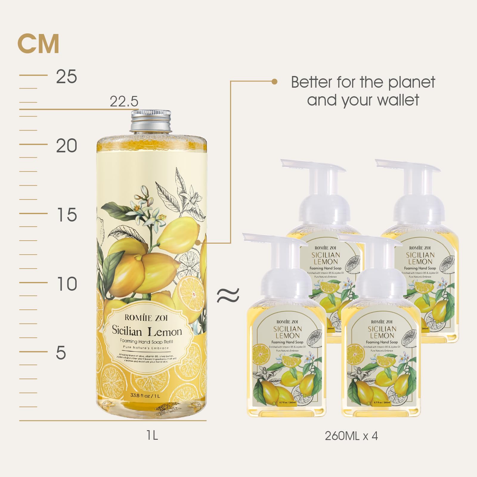 Hand Soap Refills Foaming 3pack (33.8 Fl Oz) + Reuseable Foam Soap Dispenser, Natural and Moisturizing Foaming Refills Kit, Lemon Hand Soap Refills