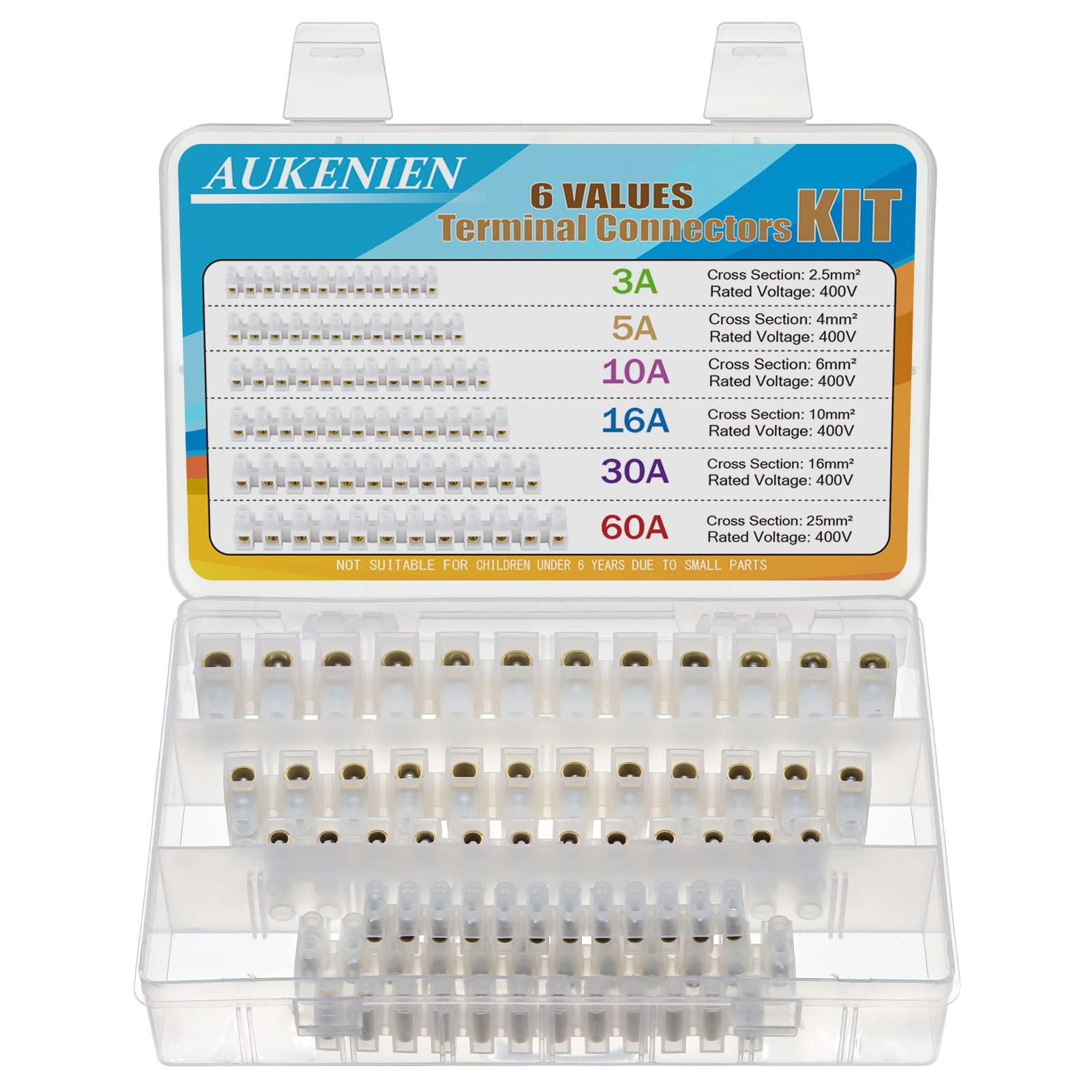 AUKENIEN 6Values Electrical Terminal Connectors Blocks Kit 3A 5A 10A 15A 30A 60A 12 Way White Terminals Choc Block Electric Wire Connectors Strips 3 5 10 15 30 60 Amp Connecting Block for Wiring Cable