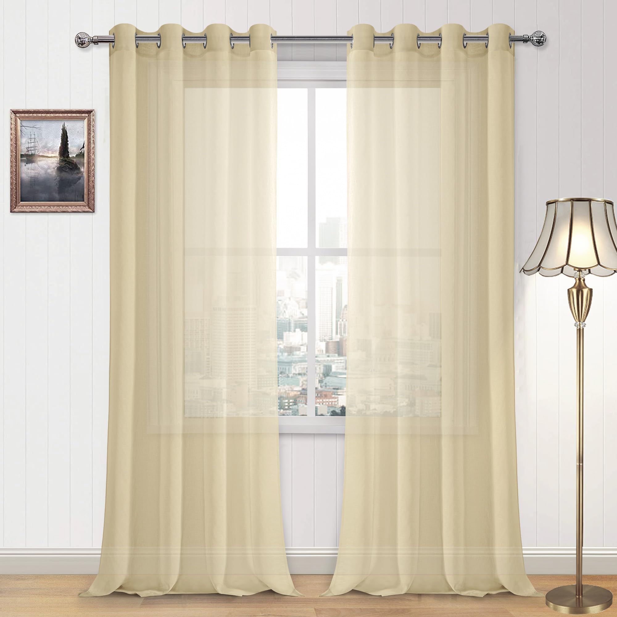 DWCN Sheer Curtains Beige Grommet Window Curtain for Bedroom Voile Sheer Curtains Set of 2 Panels 52 x 95 Inch Long,