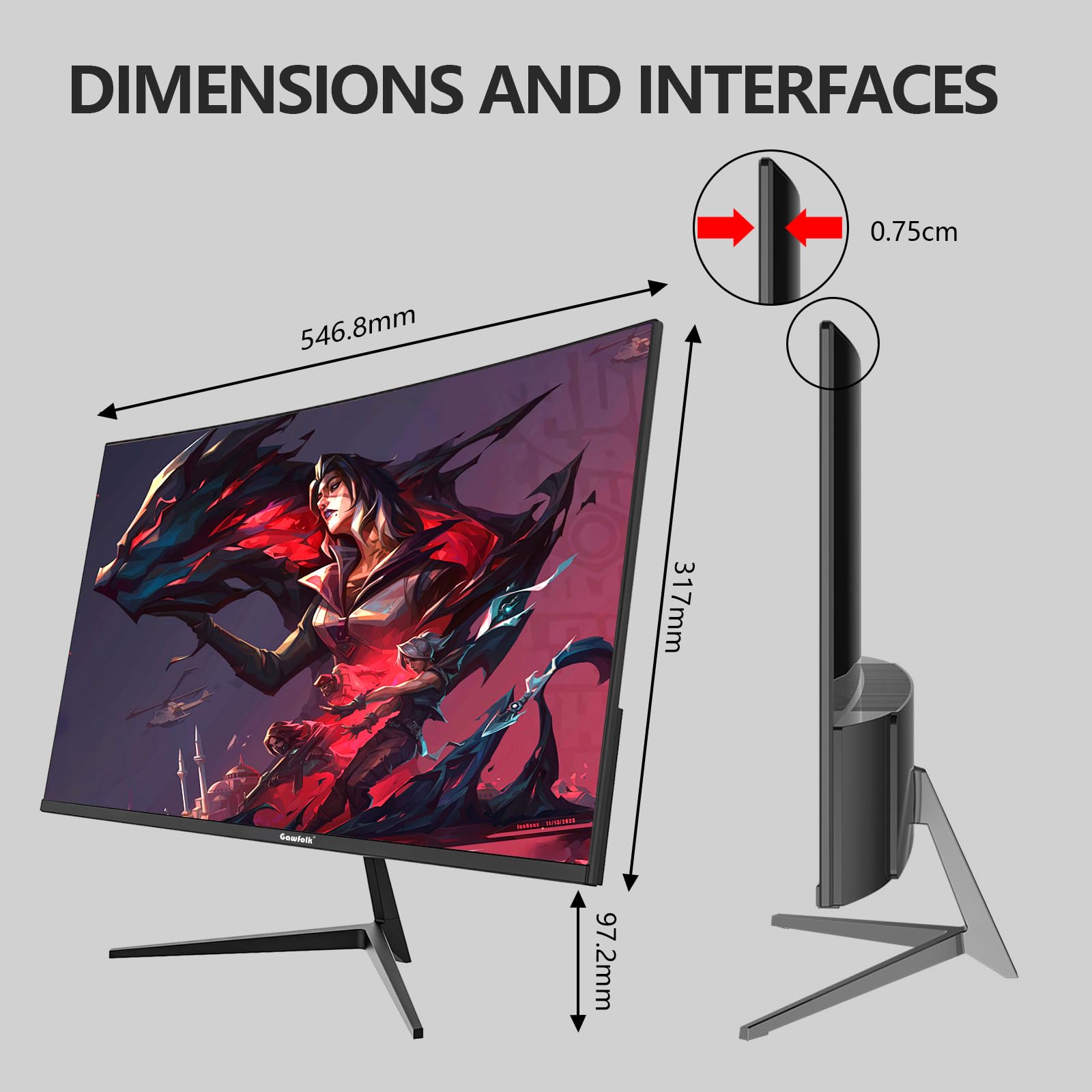 Gawfolk 24 Inch Curved Pc Gaming Monitors 180Hz, Fhd 1080P 1Ms Without Bezel, Freesync, 100% Srgb，178 ° Angle View Hdmi，Displayport, Compatible With Mural 75 * 75Mm -Black - View 6