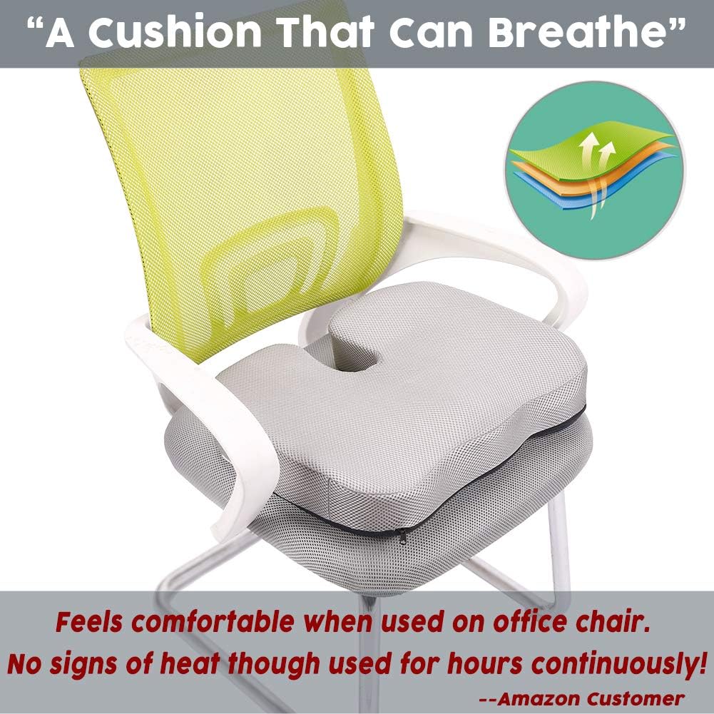 Memory Foam Seat Cushion for Office Chair, Non-Slip Orthopedic Memory Foam Coccyx Cushion for Long Sitting, Cushion for Office Chair Car Seat Cushion, Tailbone Pain Relief Cushion, Gray Mesh Cover: Home & Kitchen