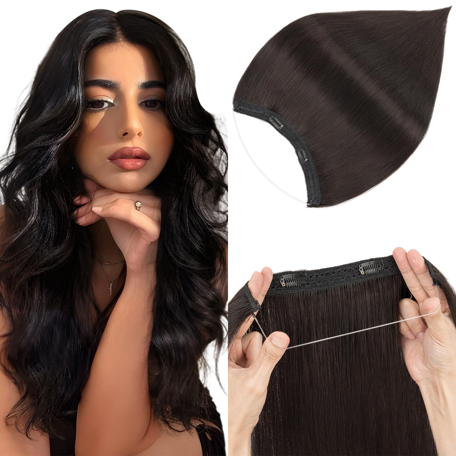 Elailite Hair Extensions Real Human Hair One Piece Secret Wire Clip in Headband Extension Invisible Straight - #1B Natural Black - 18 Inch (65 g)