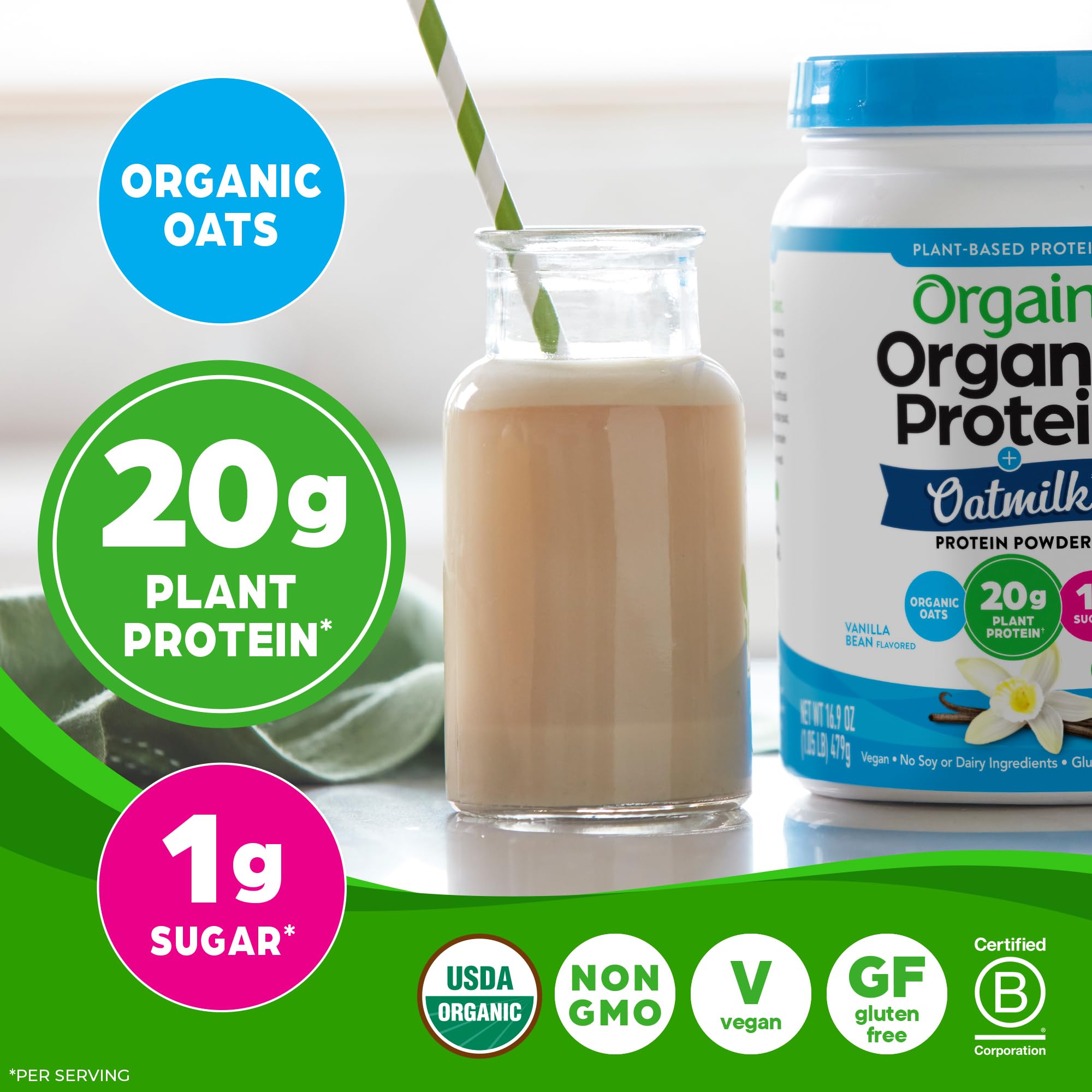 Orgain Organic Vegan Protein Powder + Oat Milk, Vanilla Bean - 20g Plant Based Protein, Gluten Free, No Dairy, Soy or Lactose Ingredients, Low Sugar, Non-GMO, Kosher, For Shakes & Smoothies - 1.05lb