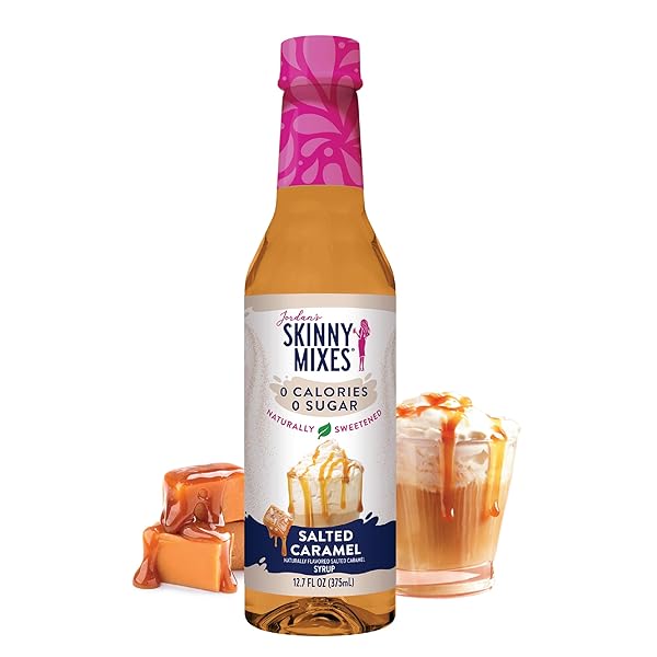 JORDAN’S SKINNY MIXES SUGAR FREE COFFEE SYRUP, SALTED CARAMEL COFFEE FLAVORING SYRUP, NATURALLY SWEETENED ZERO CALORIE DRINK MIX, LATTES, BAKING OR PROTEIN SHAKE, DAIRY & GLUTEN FREE, 12.7 FL OZ