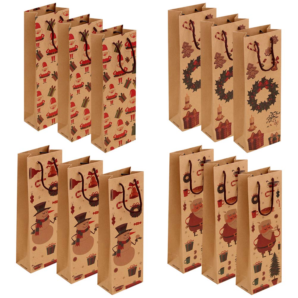 Wine Bottle Bags 12 Pack Christmas Kraft Paper Bottle Covers Bags Xmas Wine Gift Bags for Whiskey Spirits Champagne Brown Retail Bags with Handle for Wedding Housewarming Birthday Anniversary Gifting