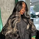Orijodie 13x6 Ombre Black to Balayage Highlights Lace Front Human Hair Wig 210% Density Loose Body Wave Black to Ash Blonde Highlight Tone Wig Custom Hd Lace Wig Pre Plucked for Any Occasions 28Inch