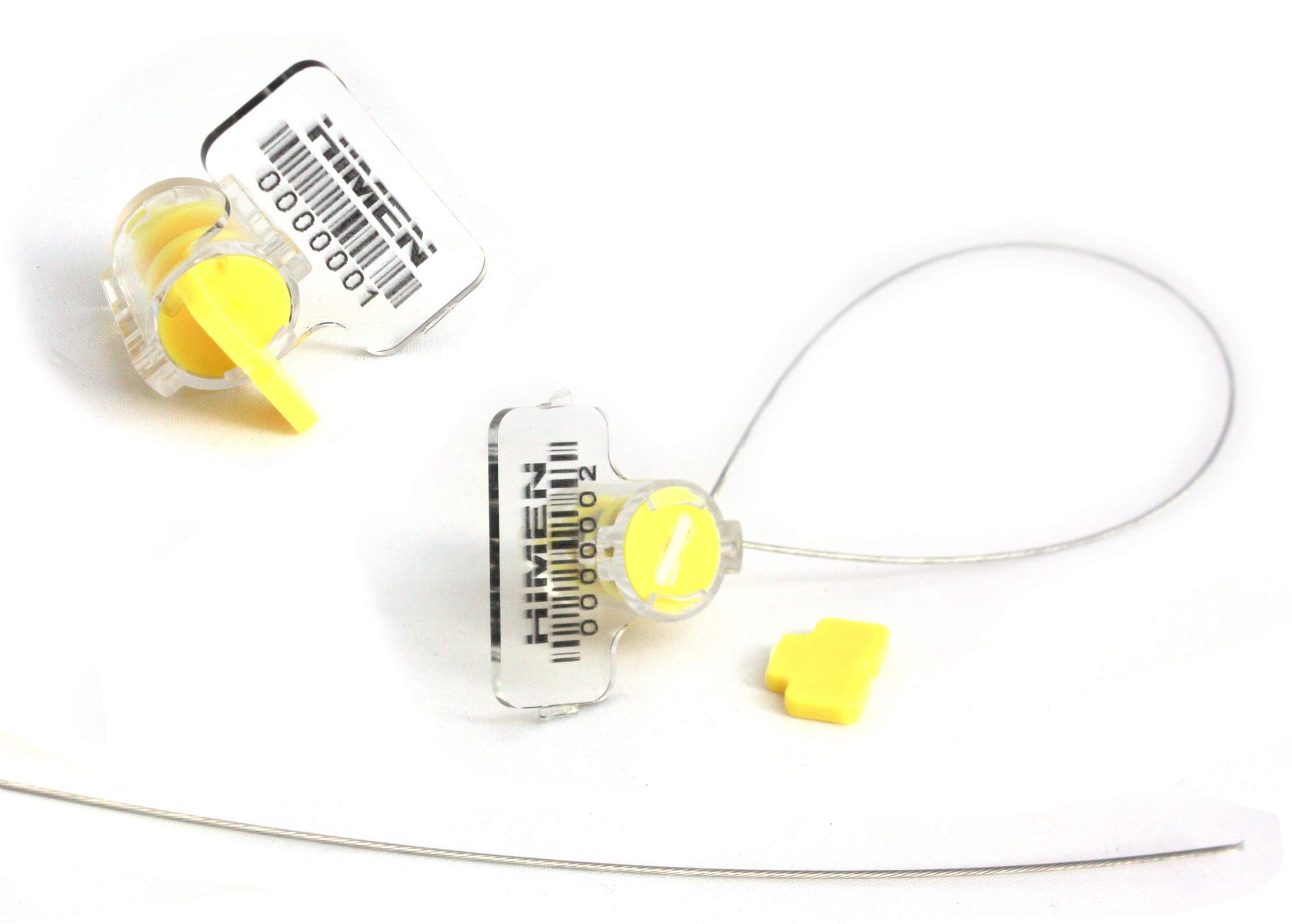 100x plastic seals with wire rope from HIMEN | consecutively numbered | with BARCODE | Length 300 mm | TRS-05x7 | Seals | yellow