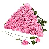 Hoemwarm 36 Pcs Pink Velvet Texture Soft Artificial Flowers Bridal Bouquet, Real Touch Fake Rose Long Stem Realistic Flowers Bulk for DIY Wedding Ball Arrangement Centerpiece Party Home Decor