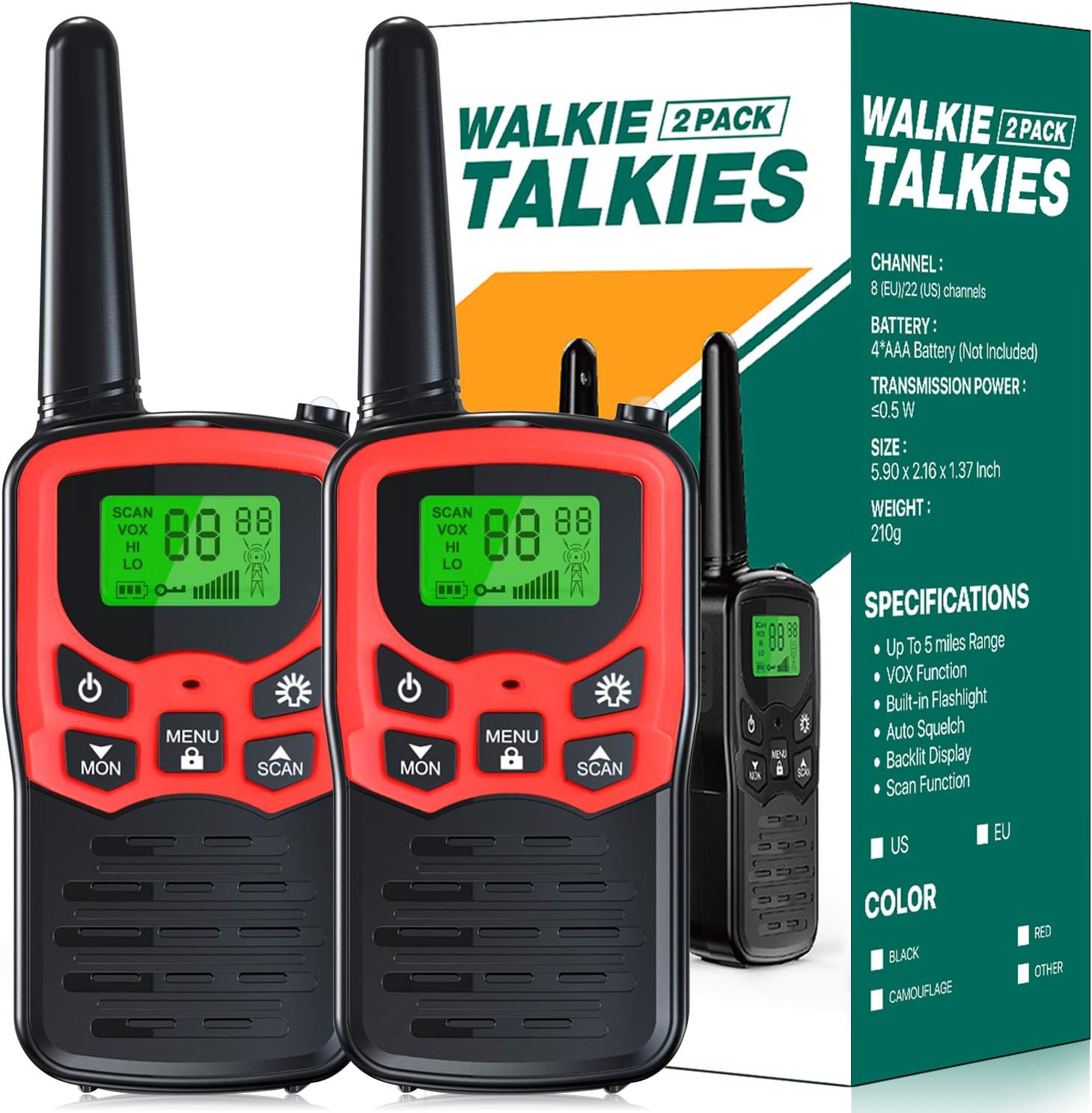 EKOOS Walkie Talkies Long Range for Kids and Adults Two Way Radios Up to 5 Miles in Open Areas with 22 Channels LCD Flashlight for Camping Hiking Fishing, Toy Gifts for Girls and Boys(2 Pack, Red)
