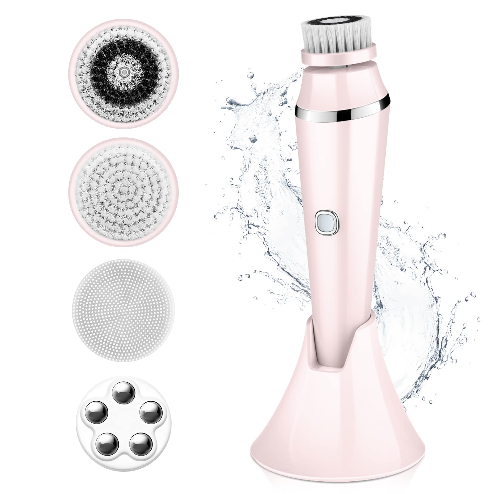 4 in 1 Facial Cleansing Brush - Electric Face Spin Brush with 4 Replacement Heads for Cleaning, Exfoliating, Massaging (Pink)