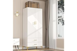 XIWEOT Wood White Wardrobe Closet with Drawers: 2 Doors - 2 Drawers and Armoire with Hanging 1 Rod - Cabinet Handle with Metal Legs - Tall Wardrobe Closet with 20.4" D x 31.5" W x 76.8" H