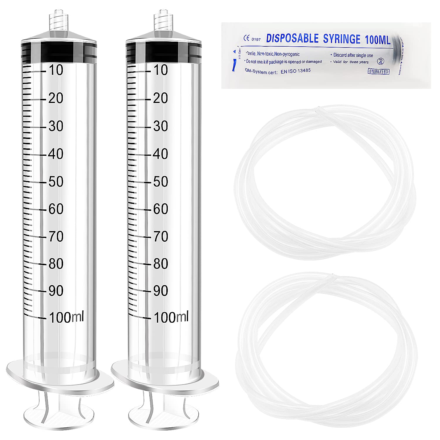 VooGenzek 2 PCS 100ml Luer Lock Liquid Measuring Tool and 2 PCS 130cm Plastic Tubing, Plastic Multipurpose Tube in Individual Wrap, for Scientific Lab, Measuring Liquid, Feeding