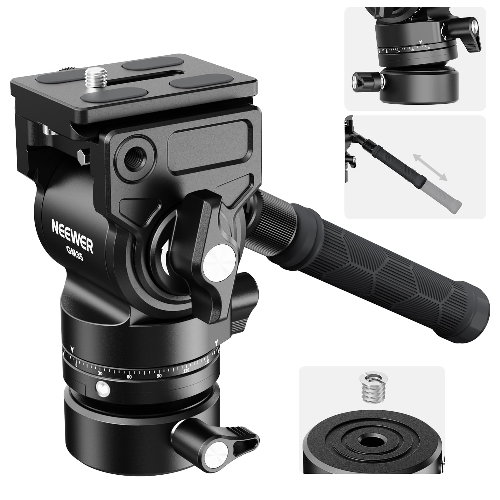 NEEWER Tripod Fluid Head with +/-7° Leveling Base (φ48mm), Metal Mini Pan Tilt Video Head Mount with Arca Type QR Plate, Telescopic Handle for Compact Video Camera DSLR Camera, Max Load 11lb/5kg, GM35