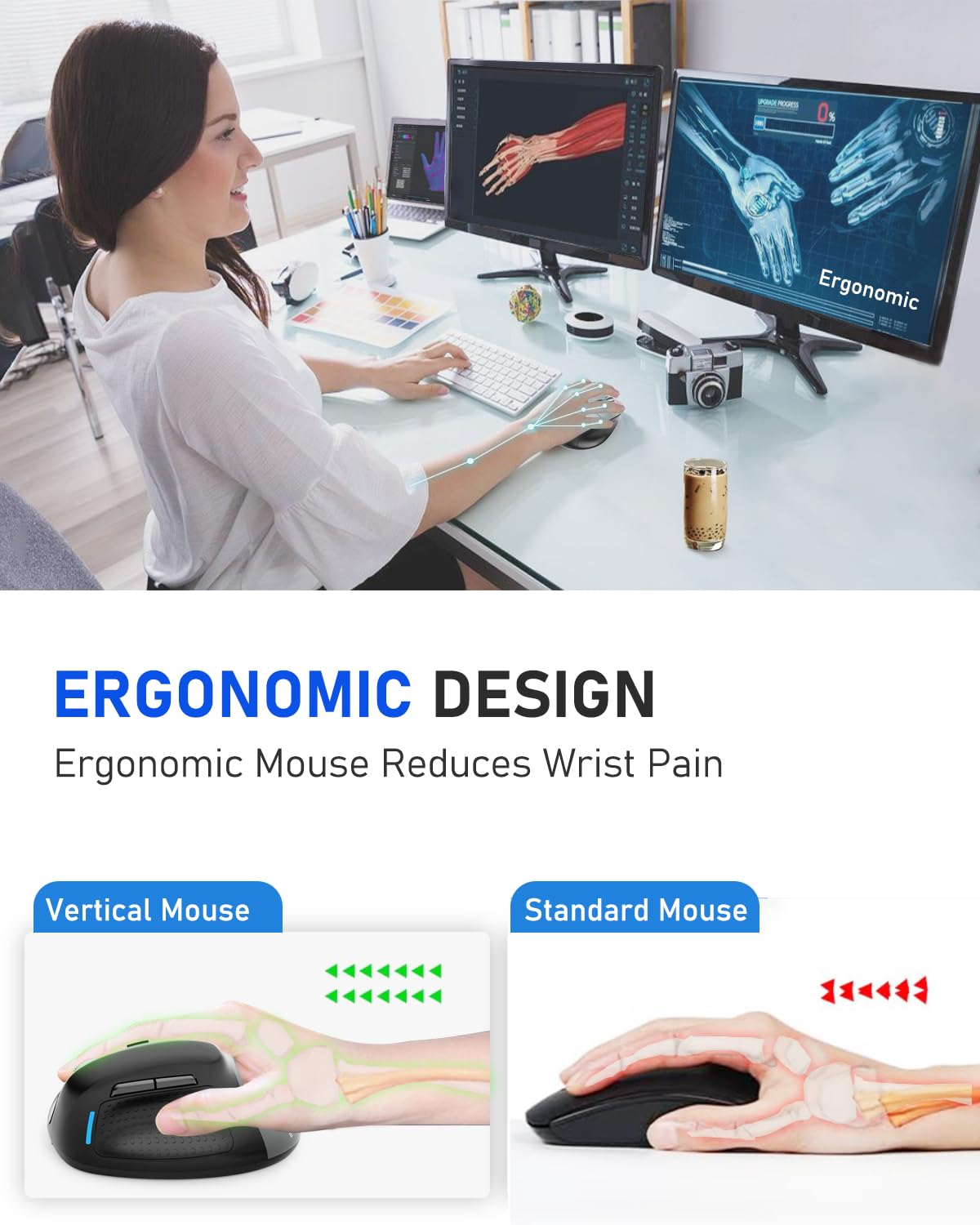 Ergonomic Mouse, E-YOOSO Wireless Vertical Mouse with 6 Buttons, 5 Adjustable DPI Levels, Up to 4800 DPI, 2.4G and Bluetooth Rechargeable Optical Vertical Mice for Windows, Mac, Laptop, Desktop (Gray)