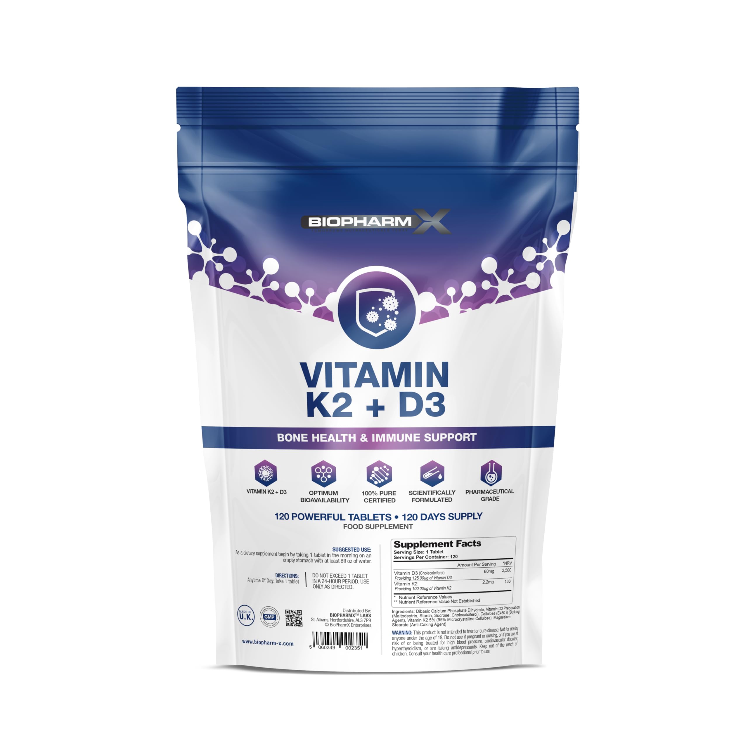 Vitamin D3 & K2 MK7 5000IU / 100µg - 120 Easy to Swallow Tablets (4 Month Supply) High Strength D3 and K2 Supplement - Manufactured in The UK by BioPharmX