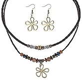 Apojgitn Multi-Layer Wood Bead Necklace with Hollow Flower Earrings, Bohemian Bead Charm Necklace Unisex Personality Hippie Long Jewelry for Men Women