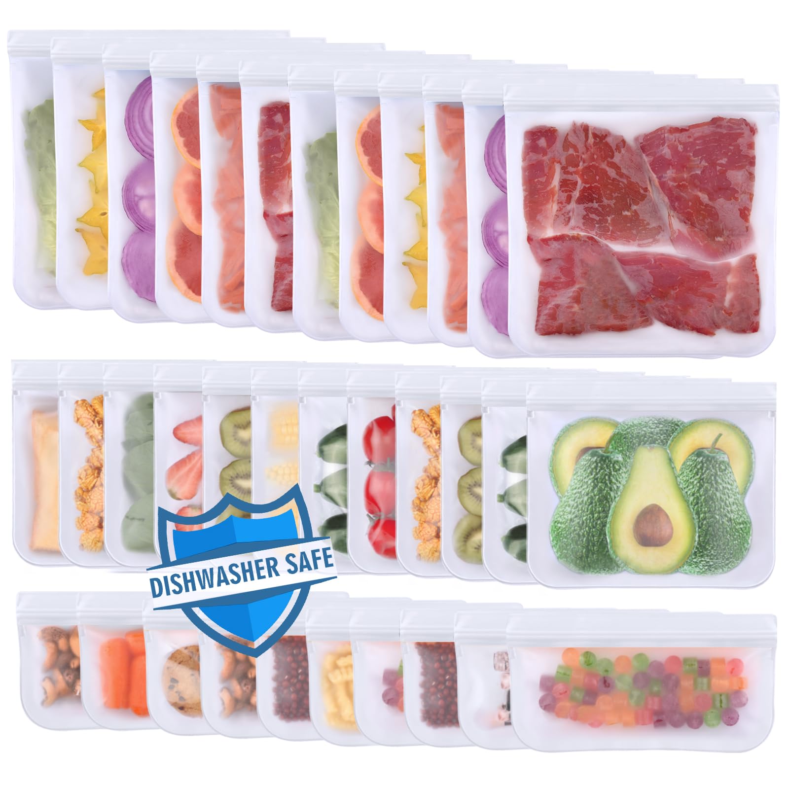 Photo 1 of Lerine Dishwasher Safe Reusable Bags, Leakproof Reusable Freezer Bags, BPA Free Food Storage Bags for Lunch Marinate Food Travel (White, 28 Pack-10 Gallon 10 Sandwich 8 Snack) 