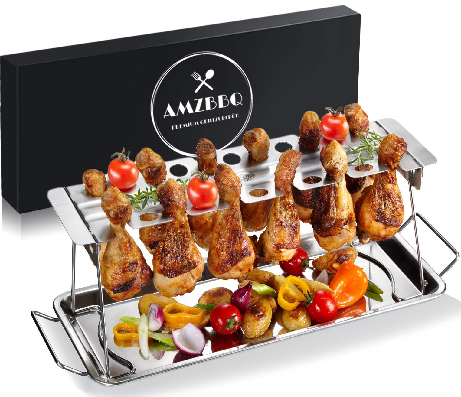 AMZBBQ Premium Chicken Leg Holder for Oven & Grill, Stainless Steel Chicken Roaster, Chicken Holder for 12 Keules, Chicken Keulls Holder with Catch Tray, Chicken Grill Stand & BBQ Rack