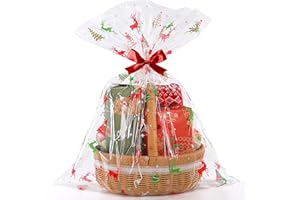CUDICY Christmas Cellophane Gift Bags 10pcs Large Holiday Gift Wrap 24x30 Inch Clear Gift Basket Wrapping Plastic (Christmas tree,Reindeer)