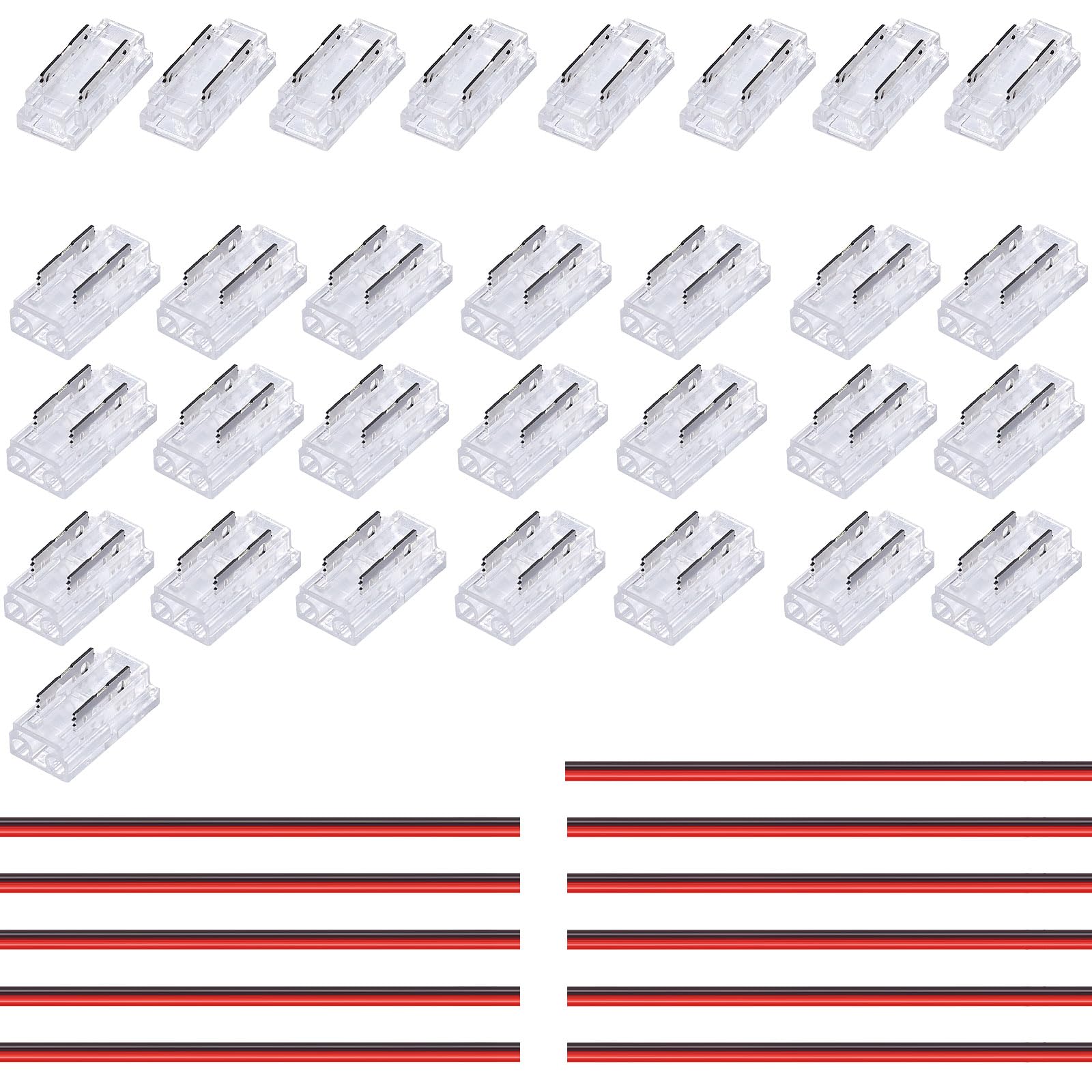 TOPAI 5mm COB LED Strip 2 Pin Connector, Transparent, Solderless, 8 pcs Strip to Band, 22pcs Strip to Cable, 11pcs 22AWG 15cm Electrical Extension Cord for 5mm COB LED Strip
