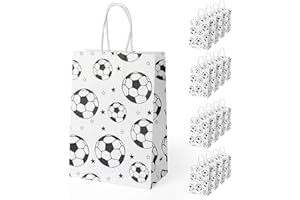 Pinsit 16PCS Soccer Favor Paper Bags, Soccer Goodie Bags, Soccer Bag for Snacks with Handles Treat Candy Bag for Kids Adults Party Supplies(White-01)
