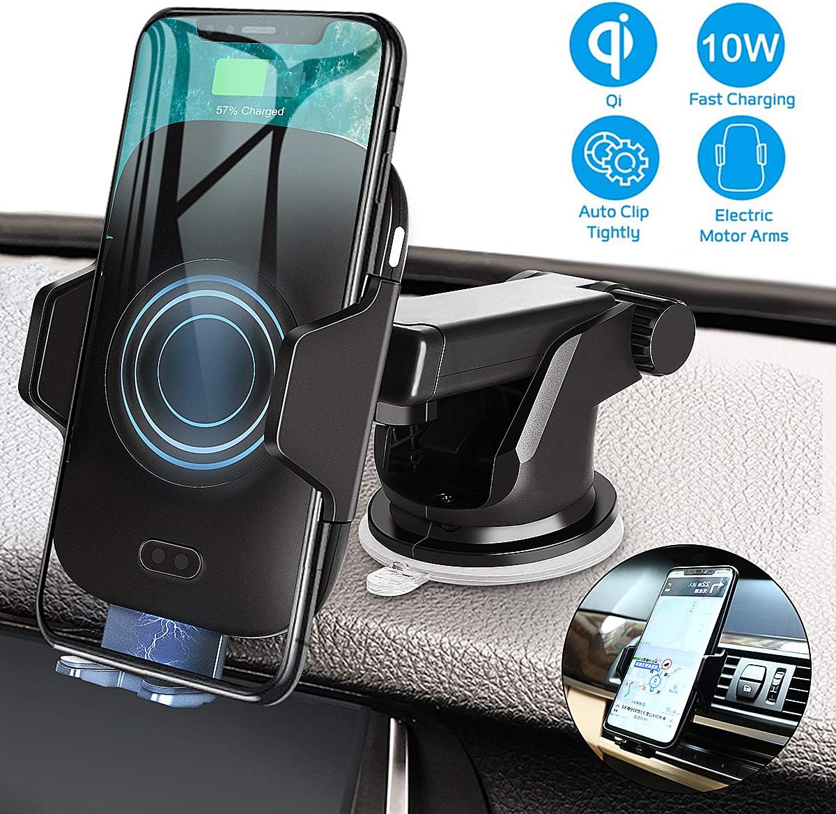 Wireless Car Charger Mount,Vikano Automatic 10w Qi Fast Charging Car Phone Holder Air Vent&Dashboard Compatible with iPhone Xs/Xs Max/XR/X / 8/8 Plus, Samsung Galaxy Note 9/ S9/ S9+/ S8/ S8+ (Black)