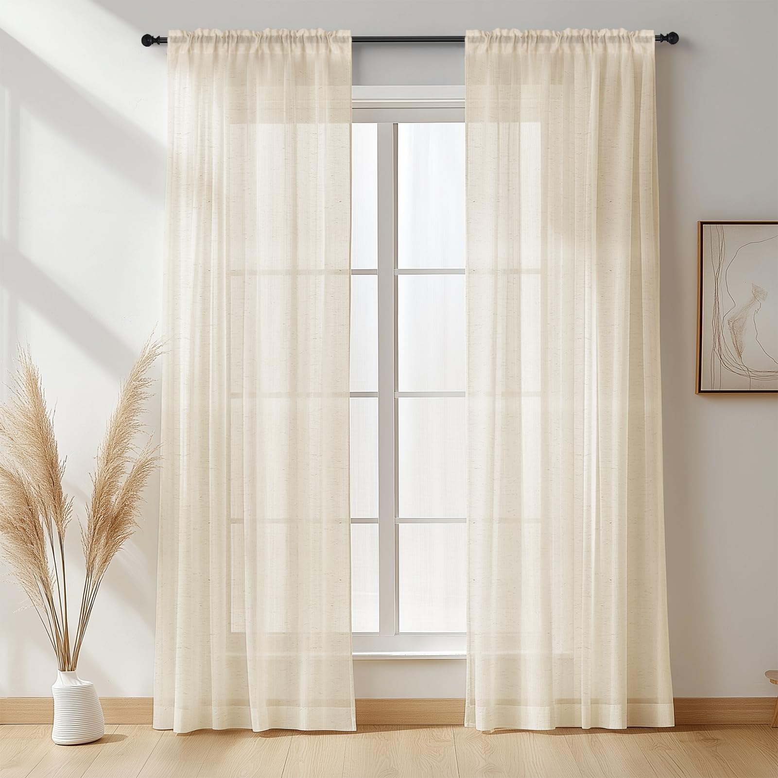 NAKIHOUSE Linen Voile Curtain, 2 Panels Natural Linen Net Curtains for Windows 45 Drop, Slot Top Light Filtering Semi-Sheer Voile Curtains for Living Room, Breathable & Graceful Window Drapes