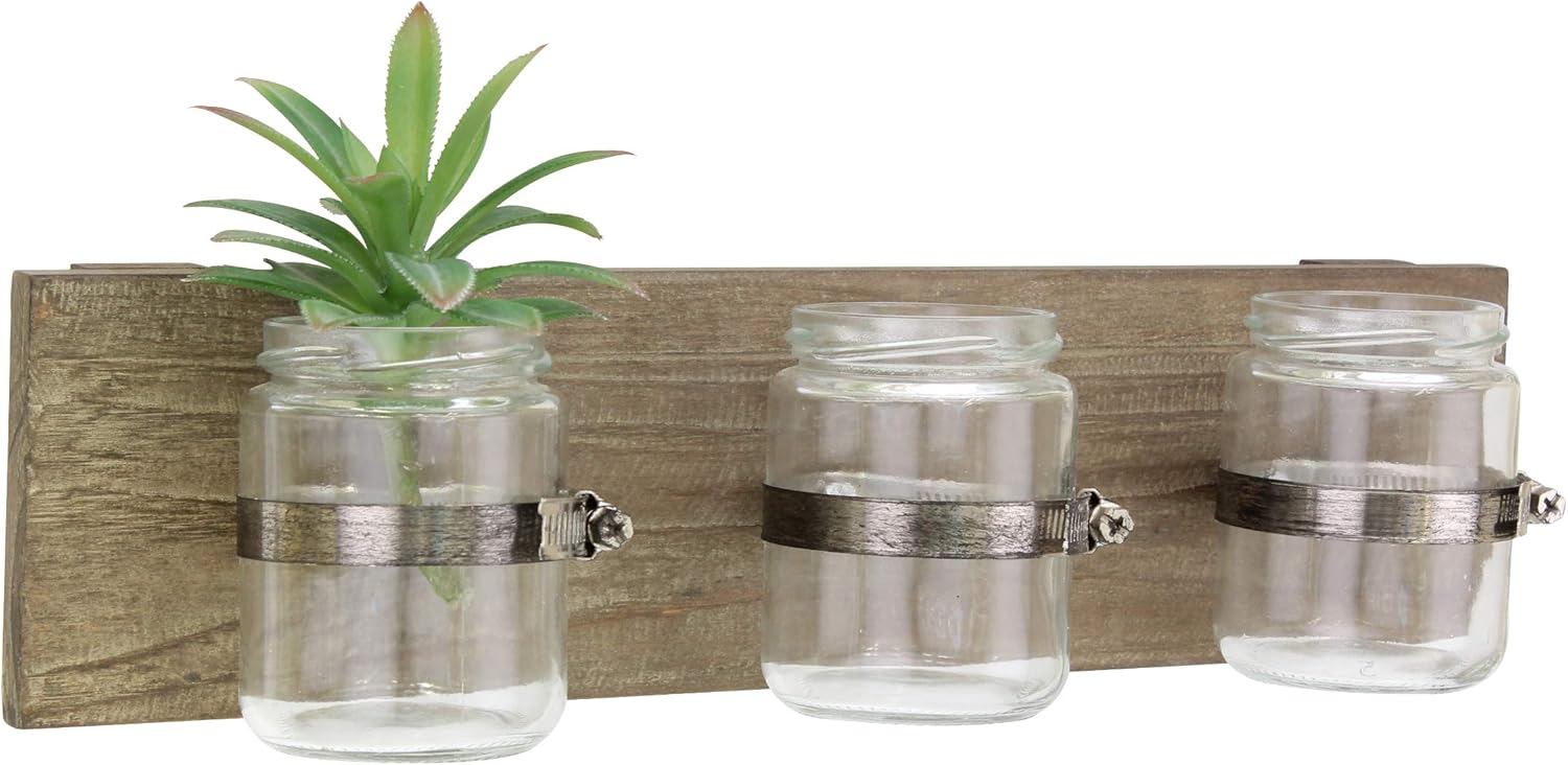 CKK Industrial LTD Stonebriar Rustic Natural Wood Hanging Wall Decor with 3 Glass Jar Containers, Unique Multifunctional Decoration for Living Room, Bedroom, Bathroom, Office, Kids Room, or Patio