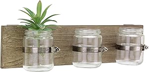 CKK Industrial LTD Stonebriar Rustic Natural Wood Hanging Wall Decor with 3 Glass Jar Containers, Unique Multifunctional Decoration for Living Room, Bedroom, Bathroom, Office, Kids Room, or Patio