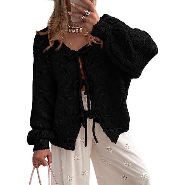 Y2K Oversized Long Sleeve V-Neck Open Front Bow Tie Front Cardigan