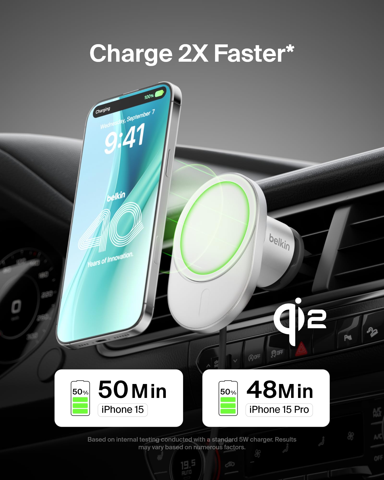 Belkin MagSafe-Compatible Wireless Car Charger 15W, Fast Charging Wireless Charger - Powerful Magnetic Vent Holder for iPhone 17, 16, 15, 14, 13 Series, Pixel 10, Secure Car Phone Mount - White