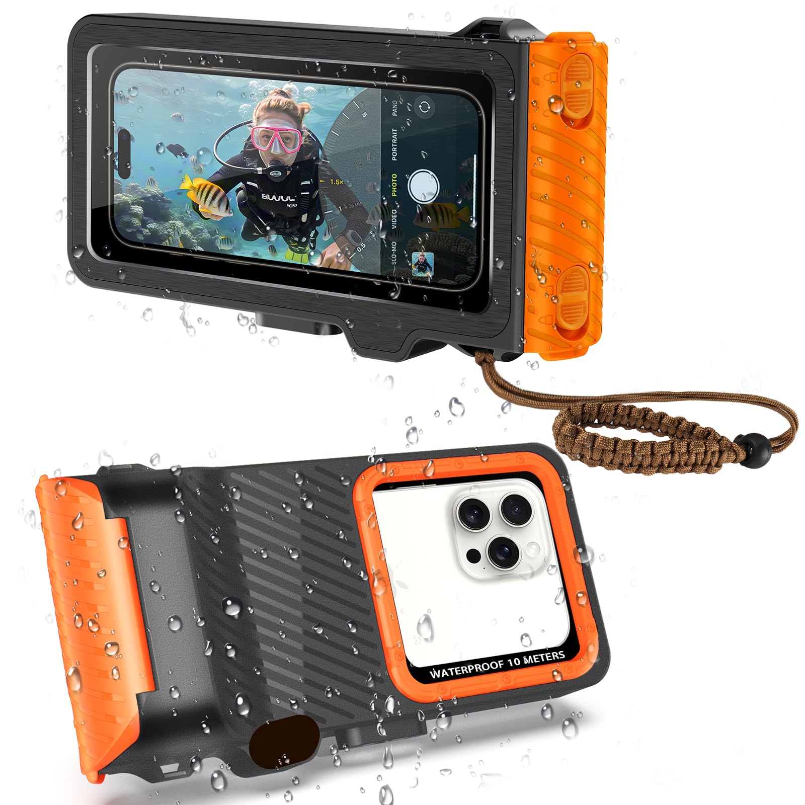 Waterproof Phone Case for Snorkeling & Diving (33ft/10m), IP68 Waterproof Hard Case for Swimming, Universal Underwater Touch Screen Case Compatible with iPhone (Orange, 4th Generation Phone Case)