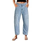 PLNOTME Womens Cargo Barrel Jeans High Waisted Boyfriend Baggy Denim Pants with 6 Pockets