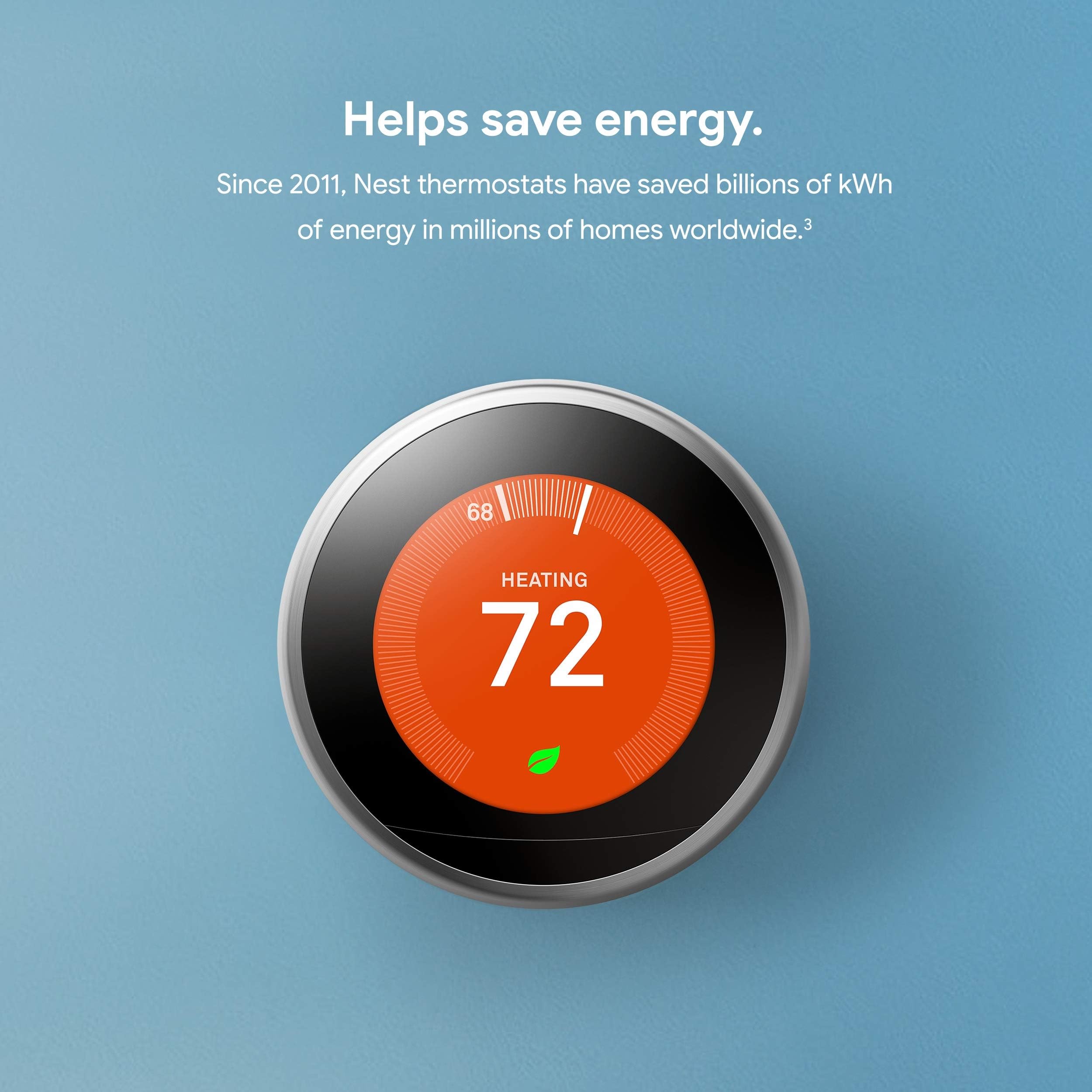 Google Nest Learning Thermostat - 3rd Gen (2015) - Programmable Smart Thermostat for Home - Works with Alexa - Polished Steel - View 3