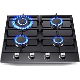 24 Inch Gas Cooktop, 4 Burner Gas Stove Top, Black Tempered Glass | ETL Certified, Thermocouple Protection, NG/LPG Convertible, 4 Sealed Burners, Propane Cooktop for Kitchen